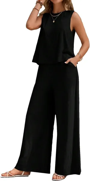Verdusa Women's 2 Piece Outfit Loose Tank Top and Wide Leg Pants Sets