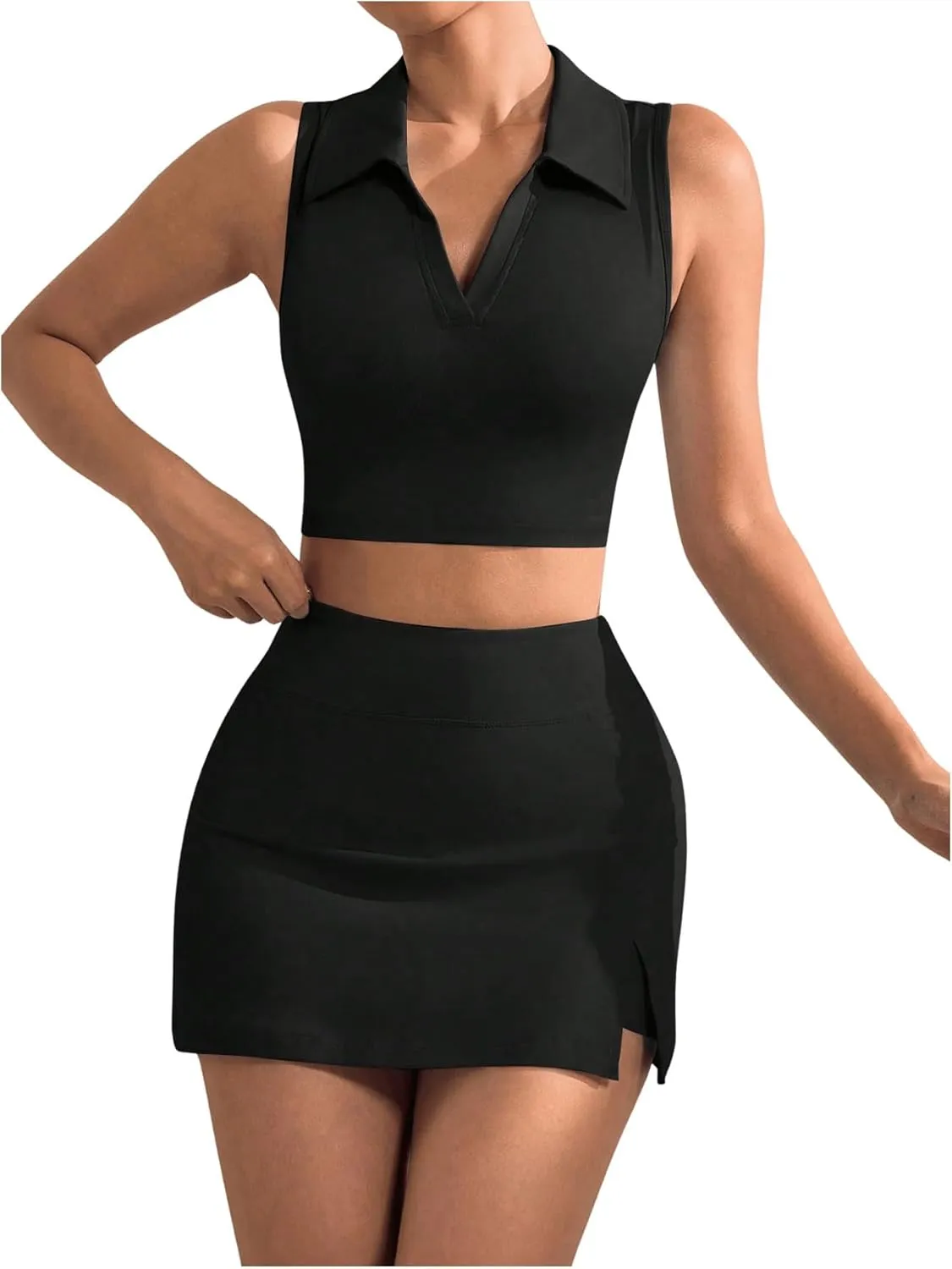 Verdusa Women's 2 Piece Solid Sleeveless Crop Tank Top Split Skirts Workout Sets