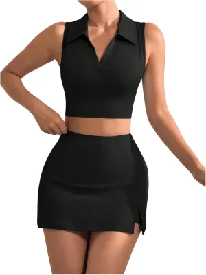 Verdusa Women's 2 Piece Solid Sleeveless Crop Tank Top Split Skirts Workout Sets