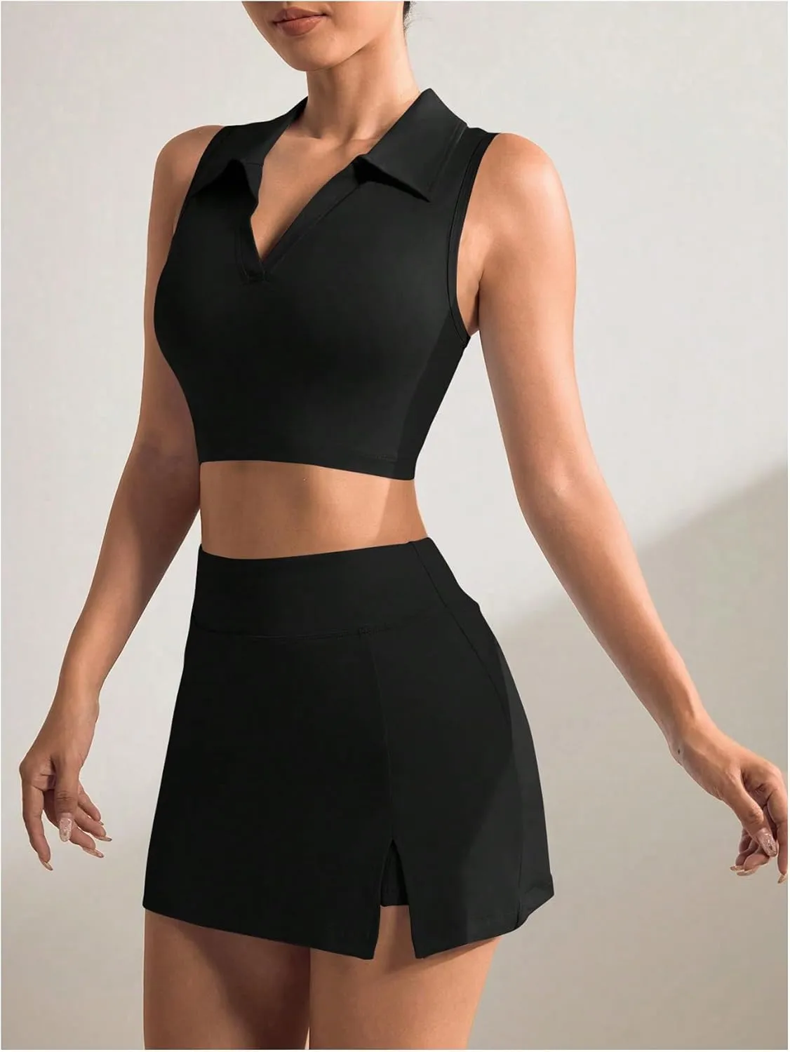 Verdusa Women's 2 Piece Solid Sleeveless Crop Tank Top Split Skirts Workout Sets