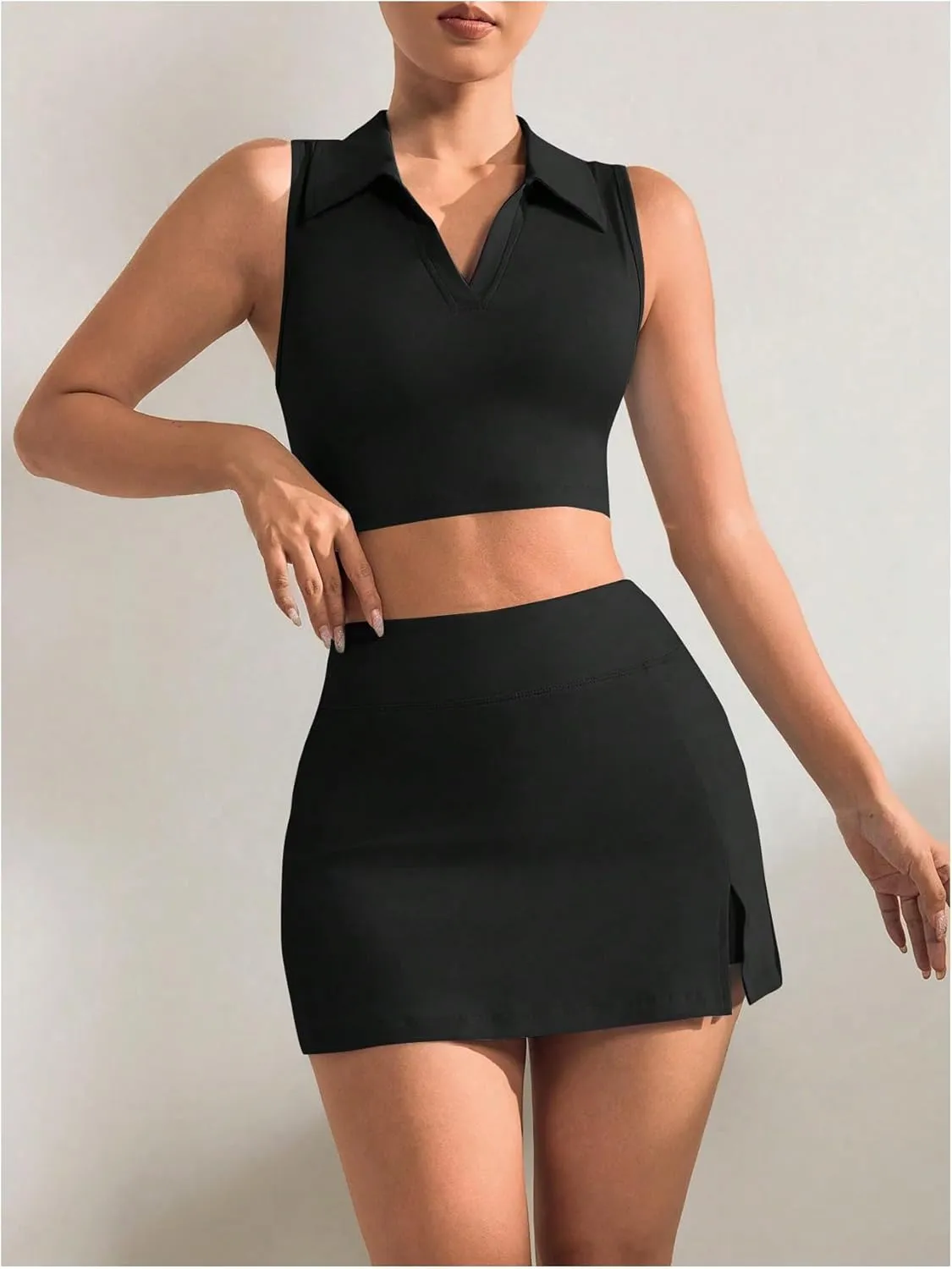 Verdusa Women's 2 Piece Solid Sleeveless Crop Tank Top Split Skirts Workout Sets