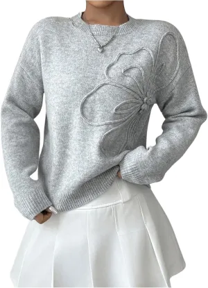 Verdusa Women's 3D Floral Pullover Sweaters Crew Neck Long Sleeve Knit Top