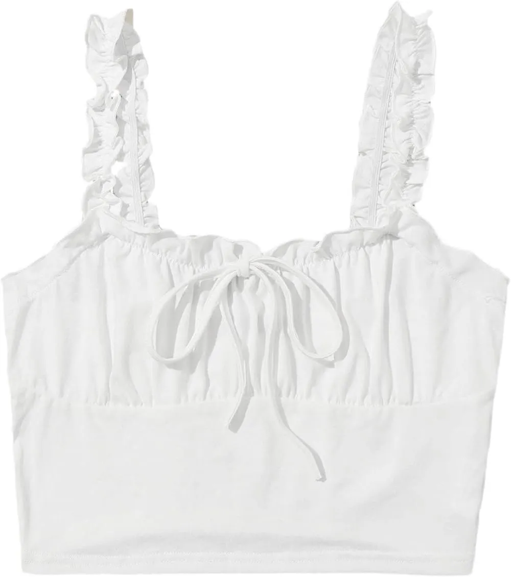 Verdusa Women's Frill Trim Strap Tie Knot Ruched Front Bustier Crop Top