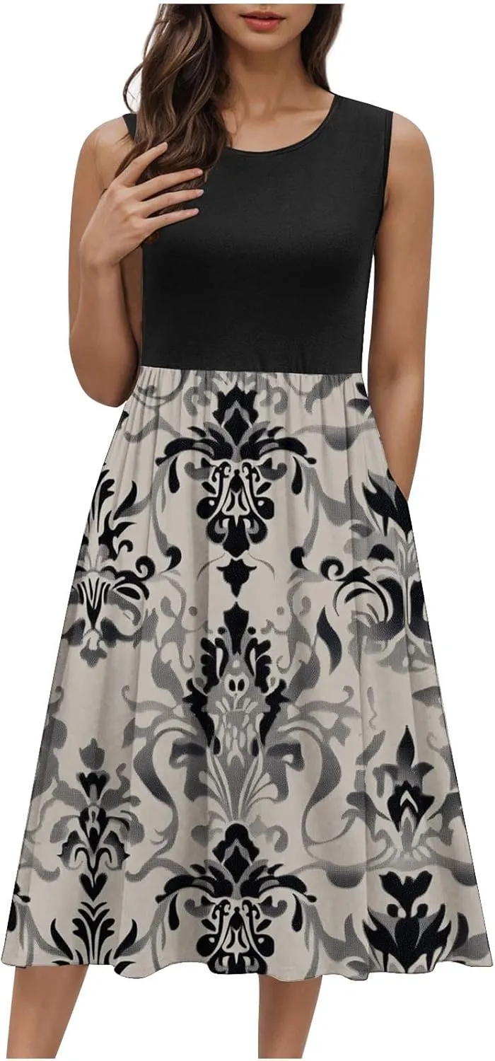 Vintage Floral Tank A-Line Dress Women Summer Sleeveless High Waist Midi Dresses Casual Flowy Sundress with Pockets