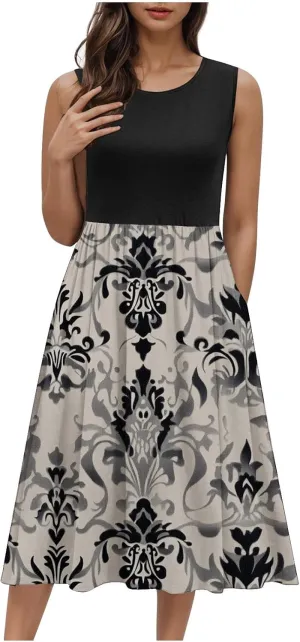 Vintage Floral Tank A-Line Dress Women Summer Sleeveless High Waist Midi Dresses Casual Flowy Sundress with Pockets