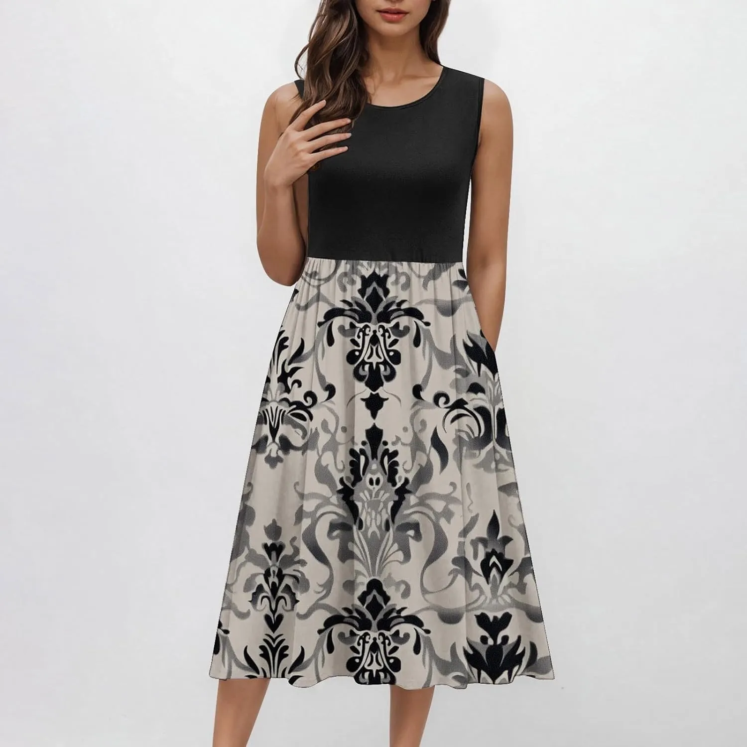 Vintage Floral Tank A-Line Dress Women Summer Sleeveless High Waist Midi Dresses Casual Flowy Sundress with Pockets