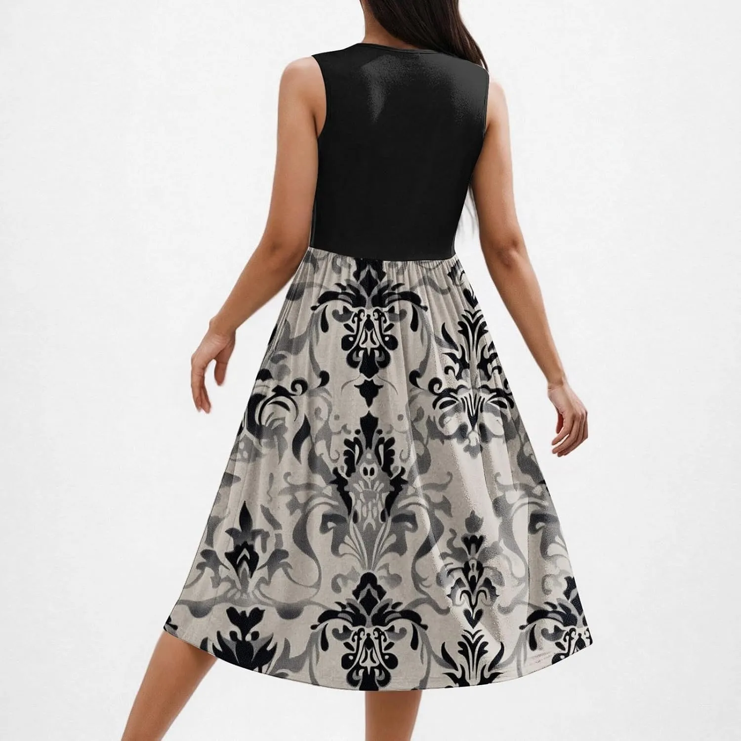 Vintage Floral Tank A-Line Dress Women Summer Sleeveless High Waist Midi Dresses Casual Flowy Sundress with Pockets
