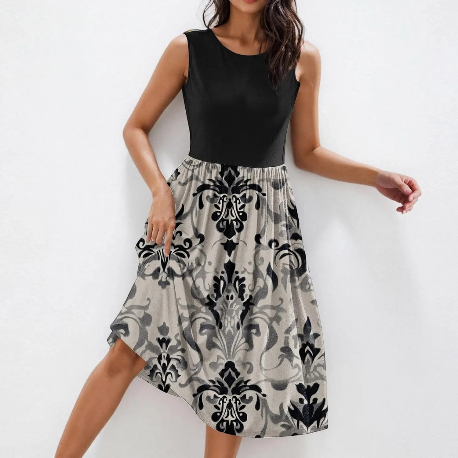 Vintage Floral Tank A-Line Dress Women Summer Sleeveless High Waist Midi Dresses Casual Flowy Sundress with Pockets