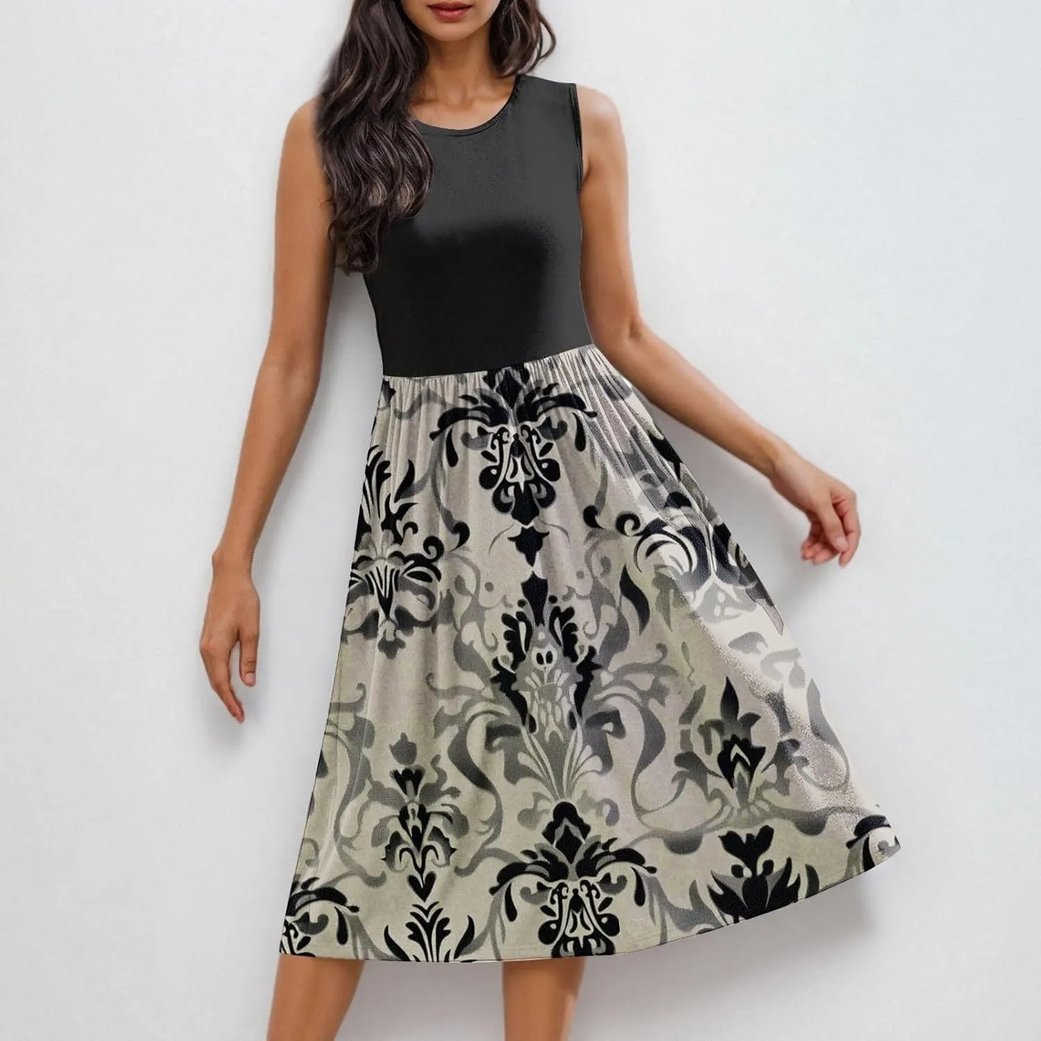 Vintage Floral Tank A-Line Dress Women Summer Sleeveless High Waist Midi Dresses Casual Flowy Sundress with Pockets