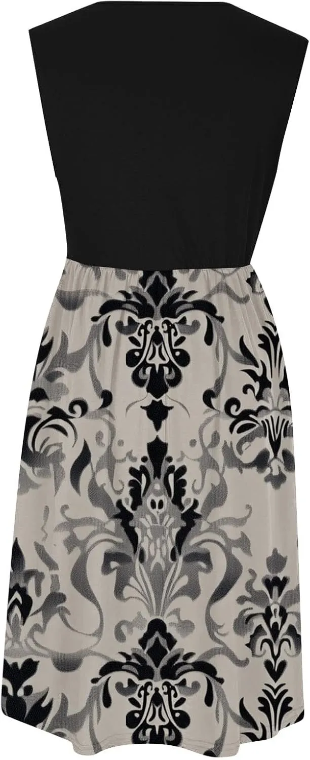 Vintage Floral Tank A-Line Dress Women Summer Sleeveless High Waist Midi Dresses Casual Flowy Sundress with Pockets