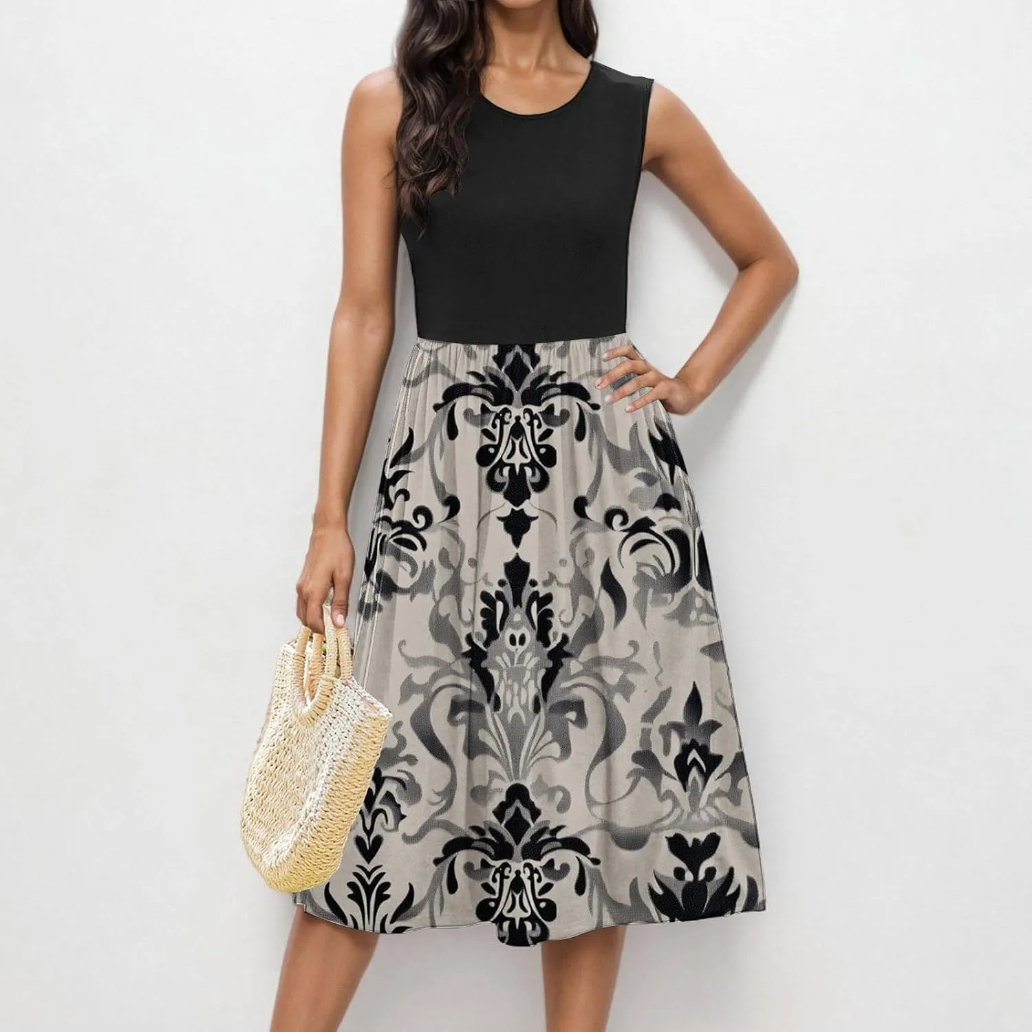Vintage Floral Tank A-Line Dress Women Summer Sleeveless High Waist Midi Dresses Casual Flowy Sundress with Pockets
