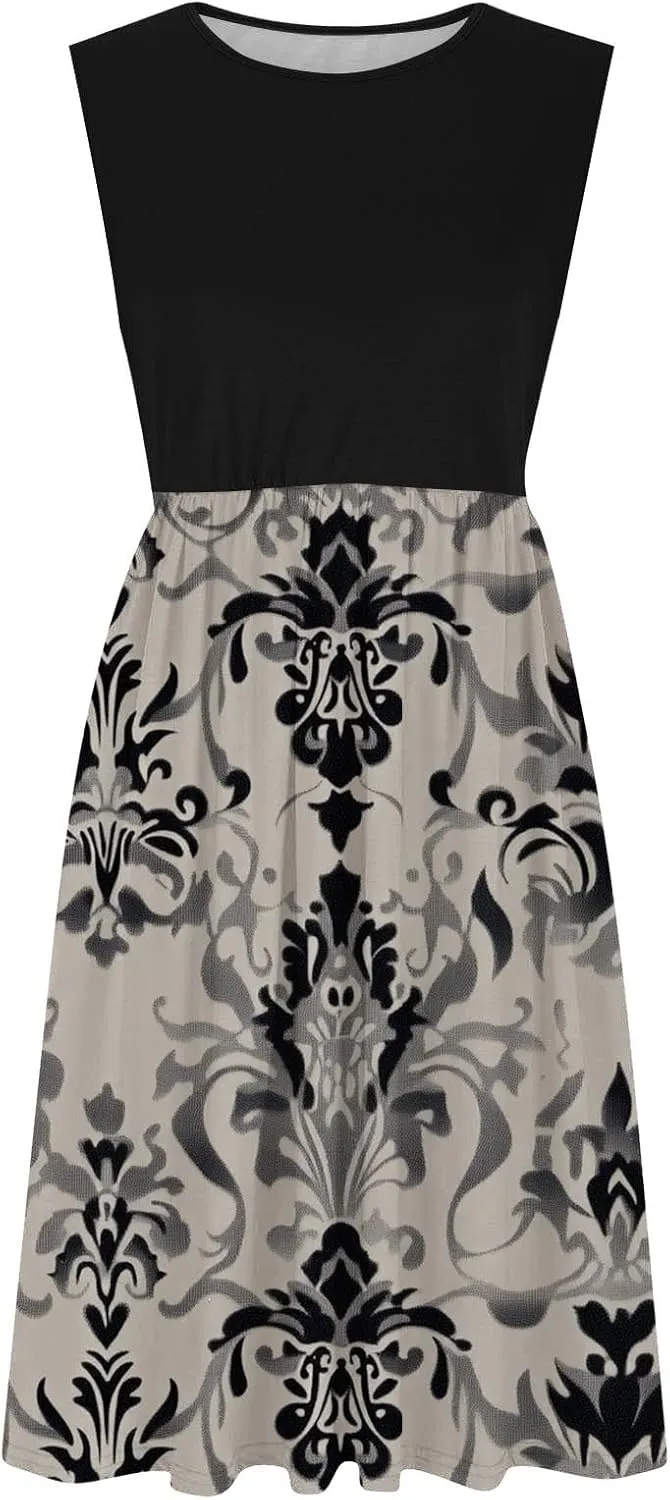 Vintage Floral Tank A-Line Dress Women Summer Sleeveless High Waist Midi Dresses Casual Flowy Sundress with Pockets