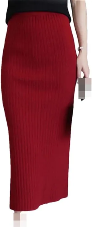 Vsadsau Women's Autumn Winter Knitted Wool Midi Skirt Autumn and Winter Belt Office Pencil Skirts