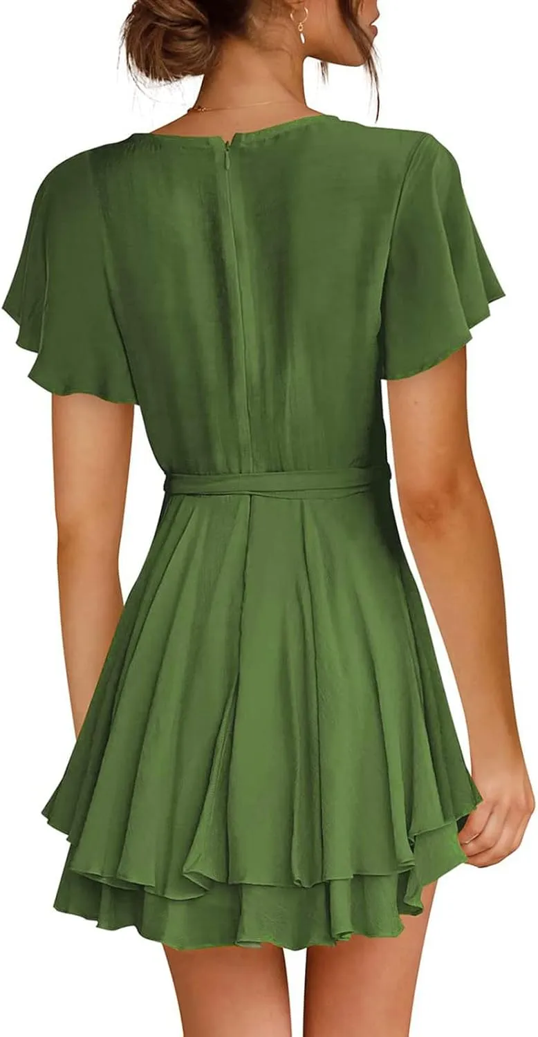 Waist Tie Layer Ruffle Dresses V-Neck Bandage Tunic Solid Mini Dress Short Sleeve Summer Dress for Women Sexy Sundress