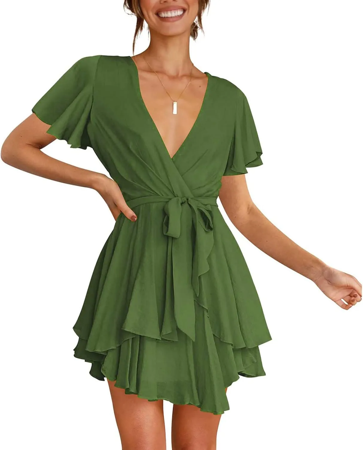 Waist Tie Layer Ruffle Dresses V-Neck Bandage Tunic Solid Mini Dress Short Sleeve Summer Dress for Women Sexy Sundress