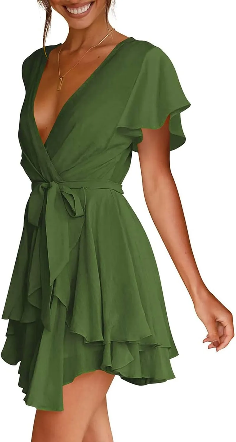 Waist Tie Layer Ruffle Dresses V-Neck Bandage Tunic Solid Mini Dress Short Sleeve Summer Dress for Women Sexy Sundress
