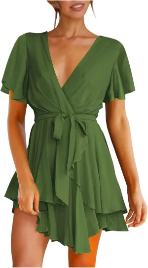 Waist Tie Layer Ruffle Dresses V-Neck Bandage Tunic Solid Mini Dress Short Sleeve Summer Dress for Women Sexy Sundress