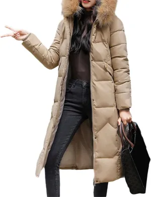 watersouprty Womens Quilted Down Jacket Winter Long Coat Faux Fur Hooded Puffer Jacket