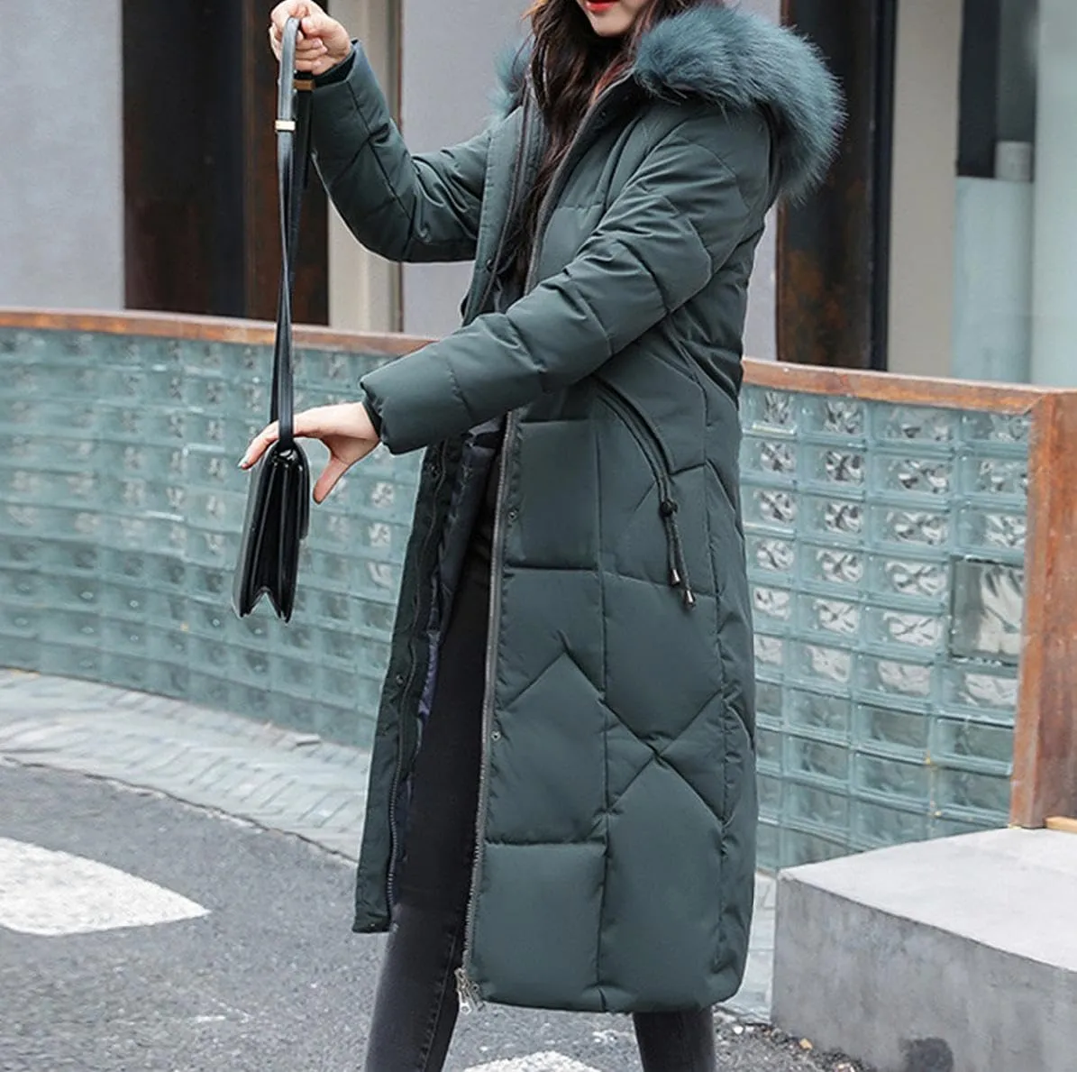 watersouprty Womens Quilted Down Jacket Winter Long Coat Faux Fur Hooded Puffer Jacket