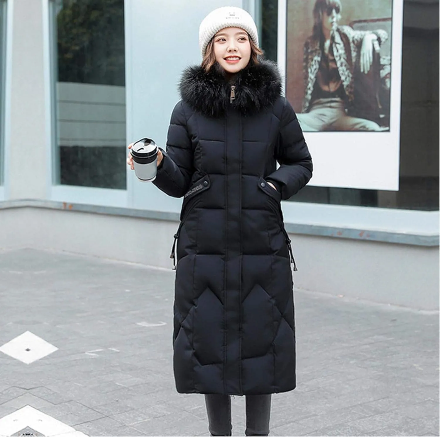 watersouprty Womens Quilted Down Jacket Winter Long Coat Faux Fur Hooded Puffer Jacket