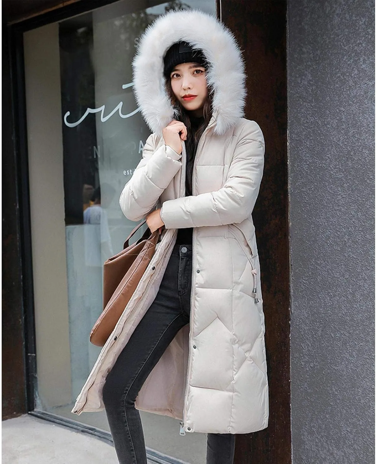 watersouprty Womens Quilted Down Jacket Winter Long Coat Faux Fur Hooded Puffer Jacket