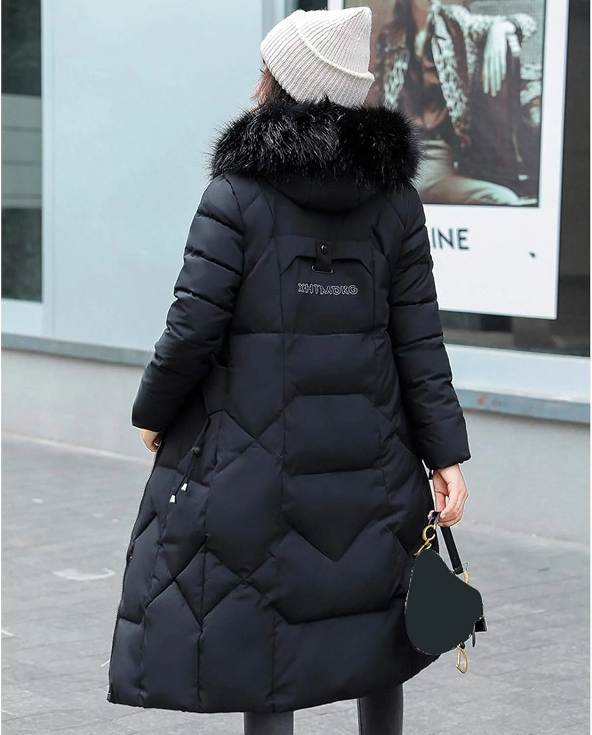watersouprty Womens Quilted Down Jacket Winter Long Coat Faux Fur Hooded Puffer Jacket