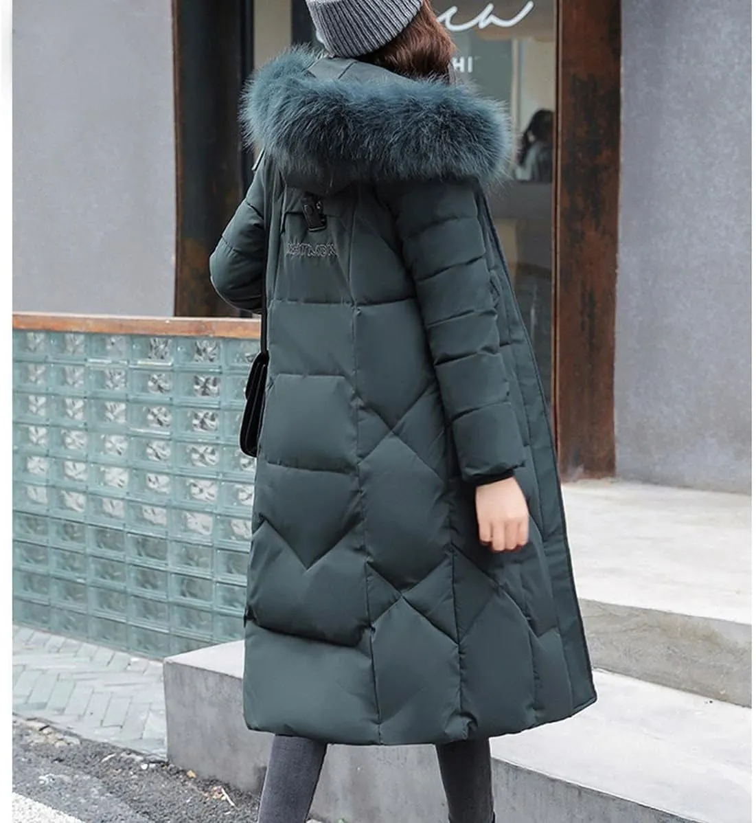 watersouprty Womens Quilted Down Jacket Winter Long Coat Faux Fur Hooded Puffer Jacket