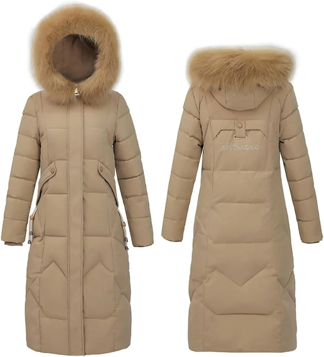 watersouprty Womens Quilted Down Jacket Winter Long Coat Faux Fur Hooded Puffer Jacket