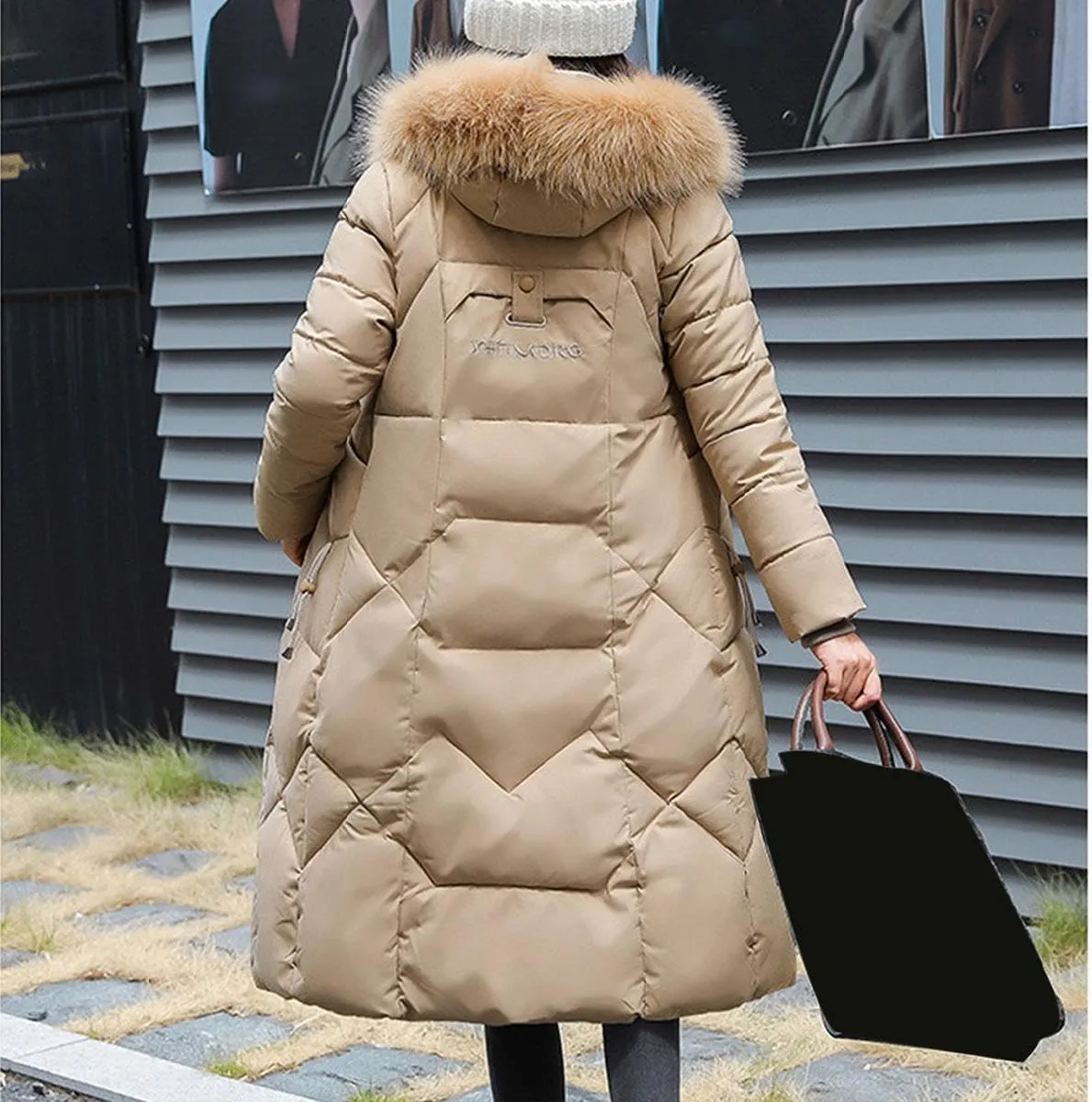 watersouprty Womens Quilted Down Jacket Winter Long Coat Faux Fur Hooded Puffer Jacket