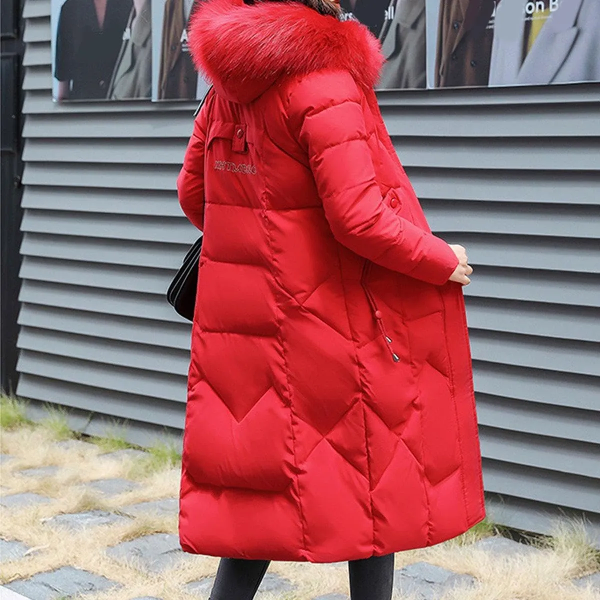 watersouprty Womens Quilted Down Jacket Winter Long Coat Faux Fur Hooded Puffer Jacket