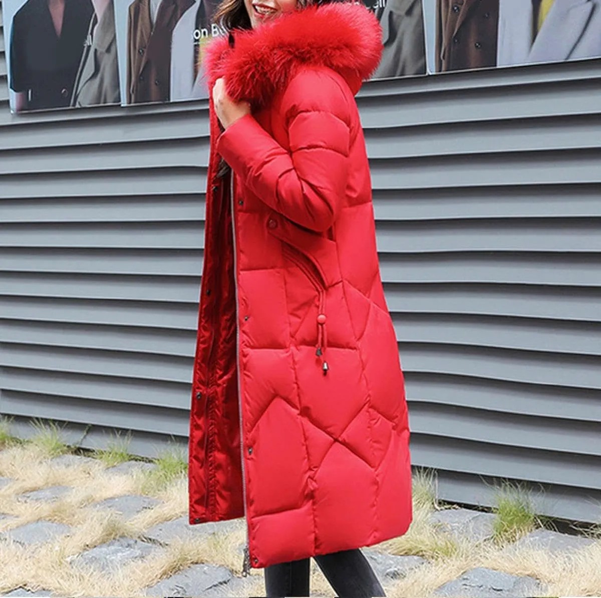 watersouprty Womens Quilted Down Jacket Winter Long Coat Faux Fur Hooded Puffer Jacket