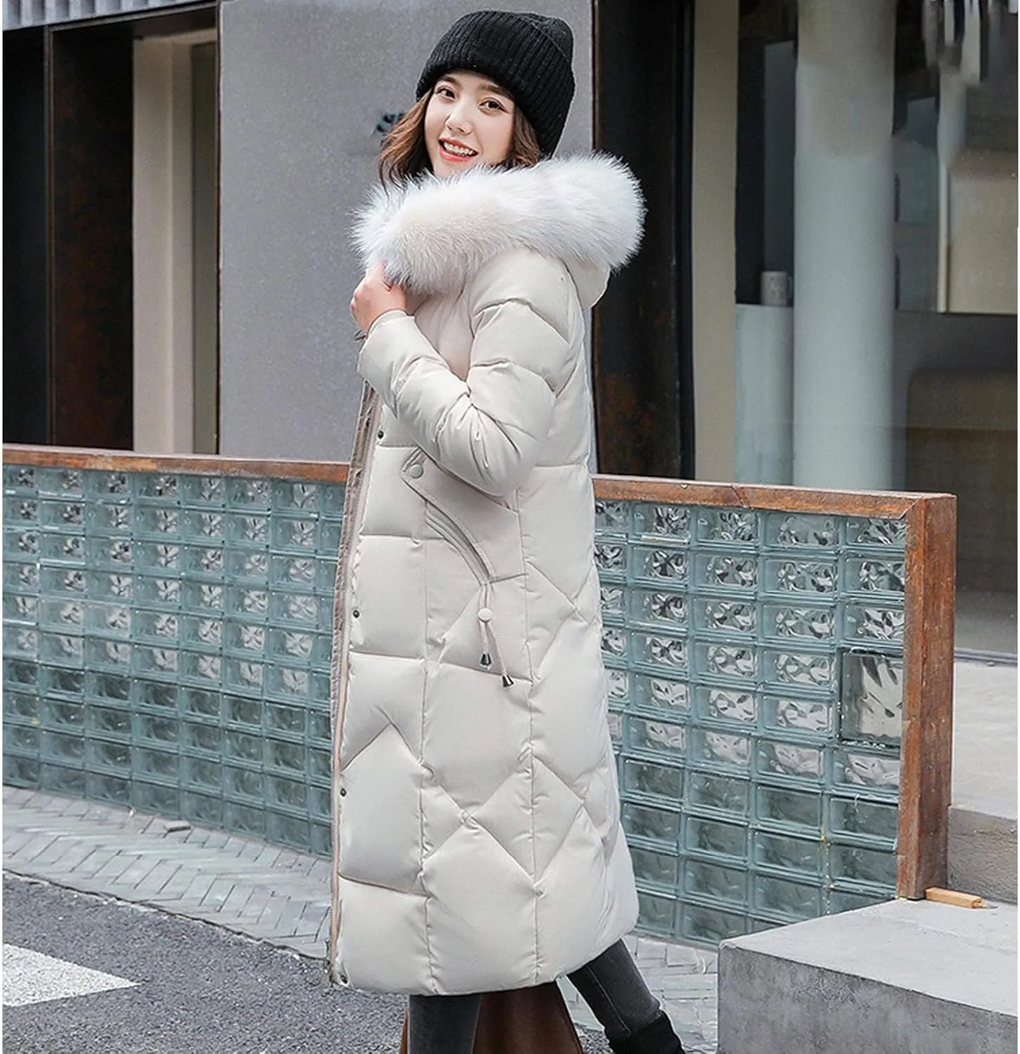 watersouprty Womens Quilted Down Jacket Winter Long Coat Faux Fur Hooded Puffer Jacket
