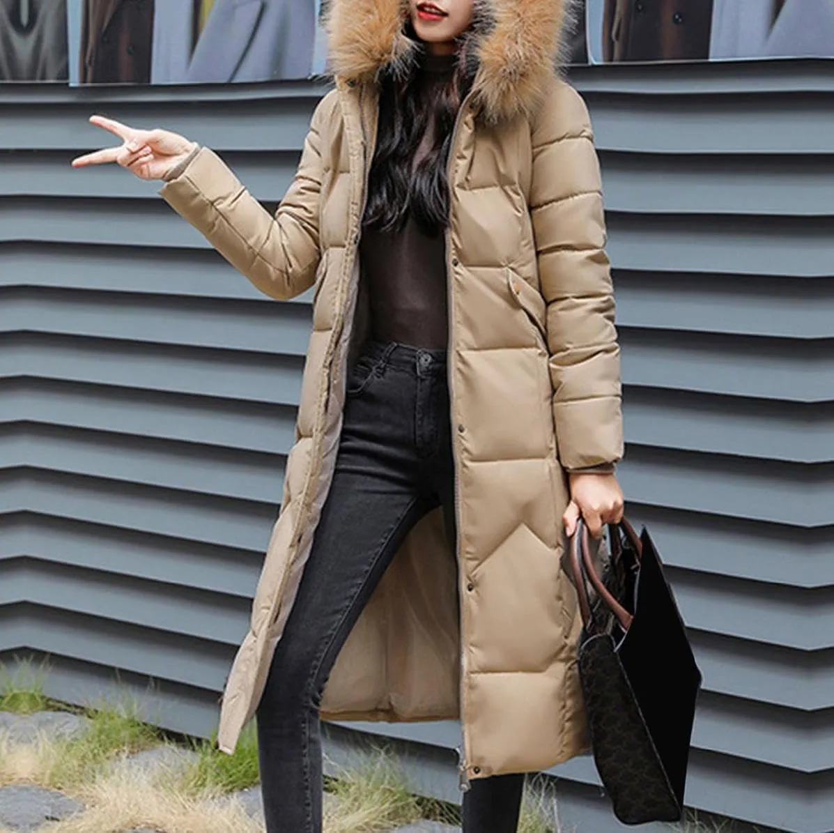 watersouprty Womens Quilted Down Jacket Winter Long Coat Faux Fur Hooded Puffer Jacket