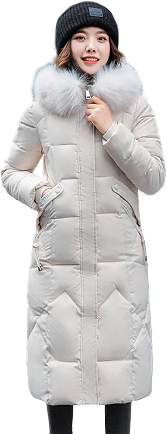 watersouprty Womens Quilted Down Jacket Winter Long Coat Faux Fur Hooded Puffer Jacket
