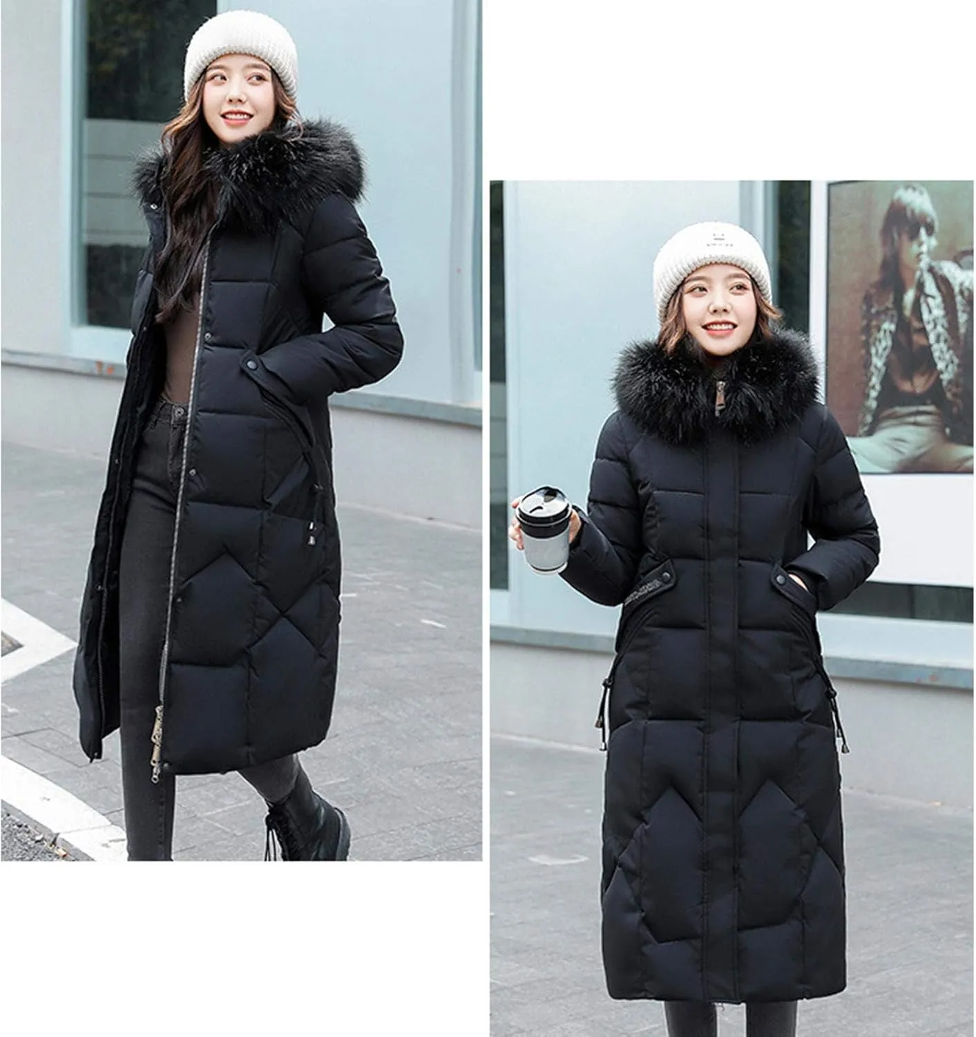 watersouprty Womens Quilted Down Jacket Winter Long Coat Faux Fur Hooded Puffer Jacket