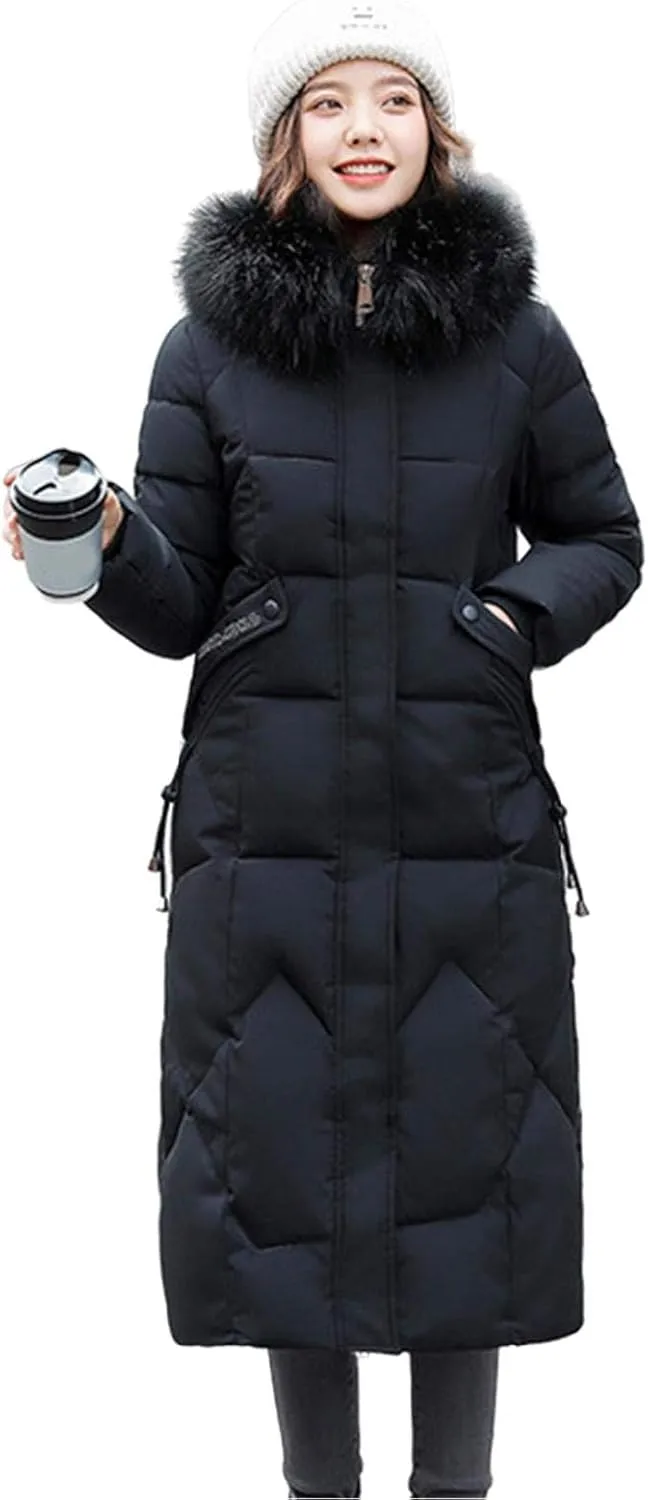 watersouprty Womens Quilted Down Jacket Winter Long Coat Faux Fur Hooded Puffer Jacket