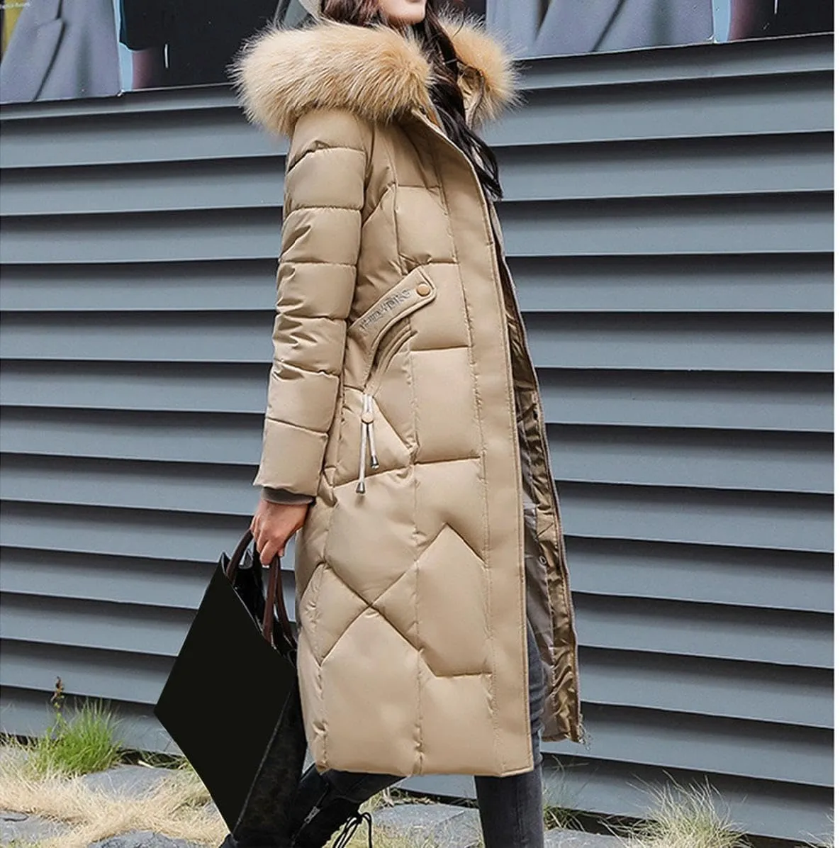 watersouprty Womens Quilted Down Jacket Winter Long Coat Faux Fur Hooded Puffer Jacket