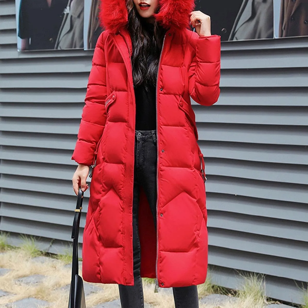 watersouprty Womens Quilted Down Jacket Winter Long Coat Faux Fur Hooded Puffer Jacket