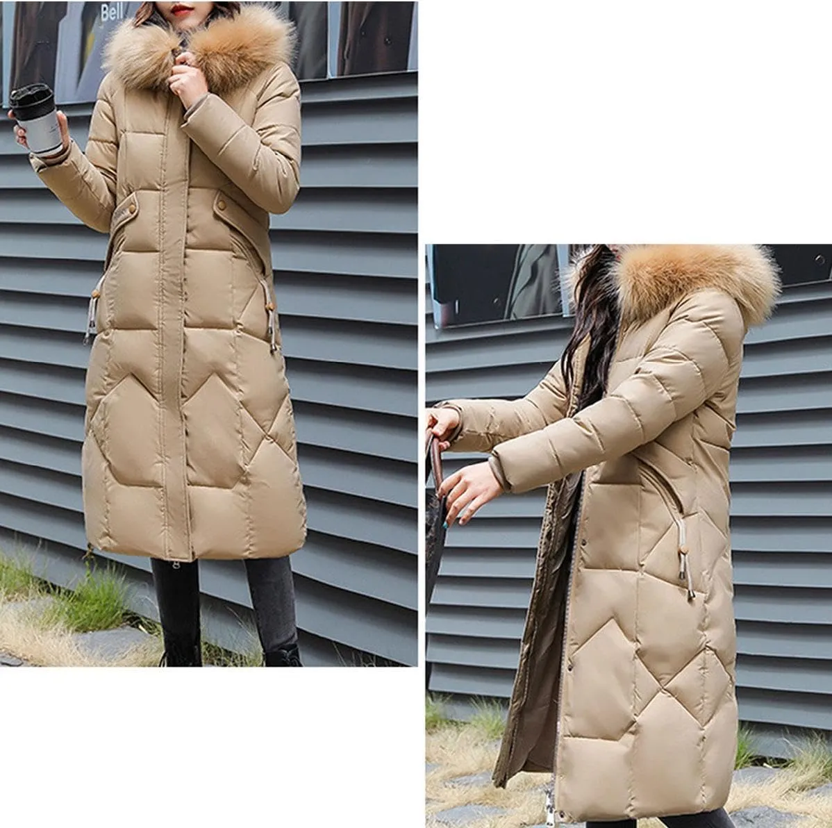 watersouprty Womens Quilted Down Jacket Winter Long Coat Faux Fur Hooded Puffer Jacket