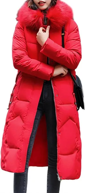 watersouprty Womens Quilted Down Jacket Winter Long Coat Faux Fur Hooded Puffer Jacket