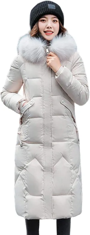 watersouprty Womens Quilted Down Jacket Winter Long Coat Faux Fur Hooded Puffer Jacket