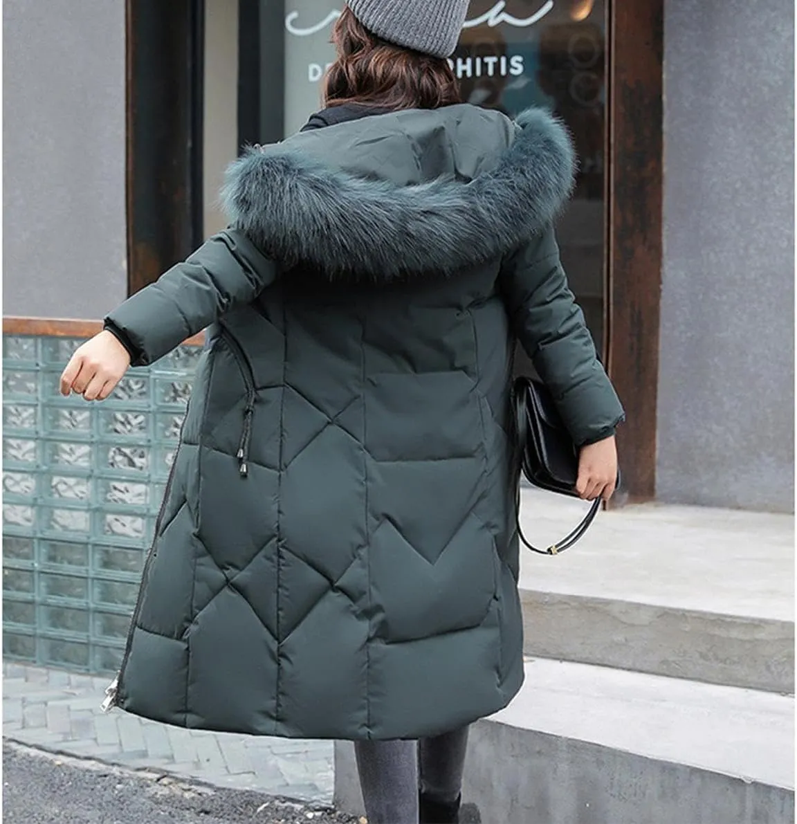 watersouprty Womens Quilted Down Jacket Winter Long Coat Faux Fur Hooded Puffer Jacket