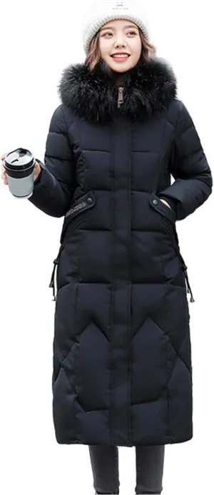 watersouprty Womens Quilted Down Jacket Winter Long Coat Faux Fur Hooded Puffer Jacket