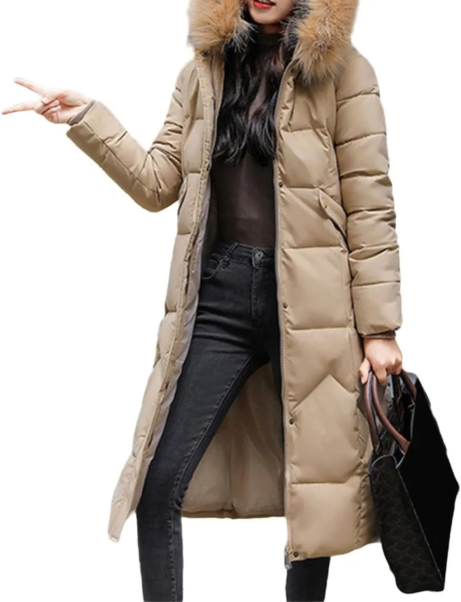 watersouprty Womens Quilted Down Jacket Winter Long Coat Faux Fur Hooded Puffer Jacket