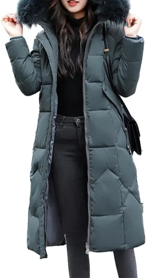 watersouprty Womens Quilted Down Jacket Winter Long Coat Faux Fur Hooded Puffer Jacket