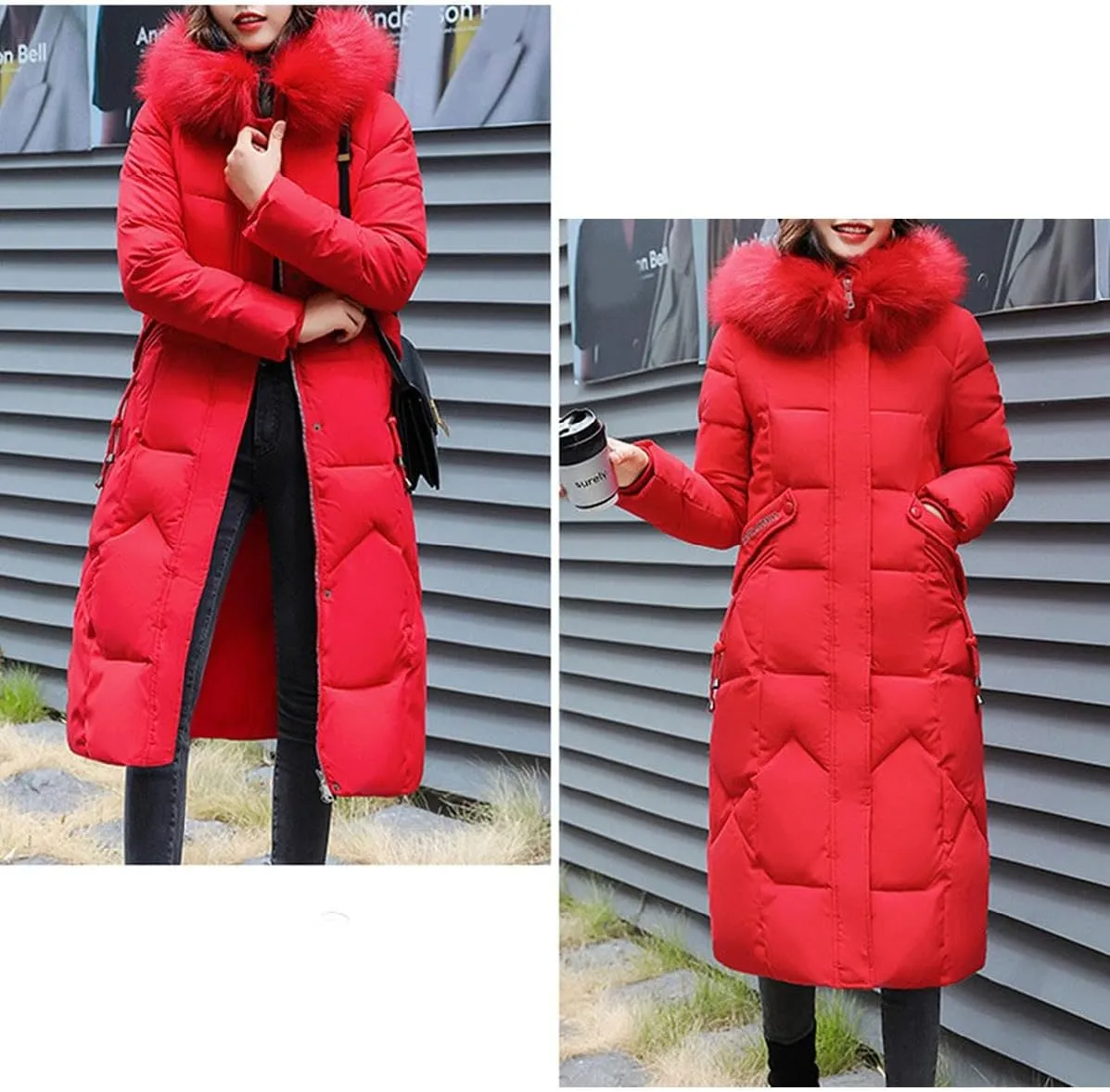 watersouprty Womens Quilted Down Jacket Winter Long Coat Faux Fur Hooded Puffer Jacket