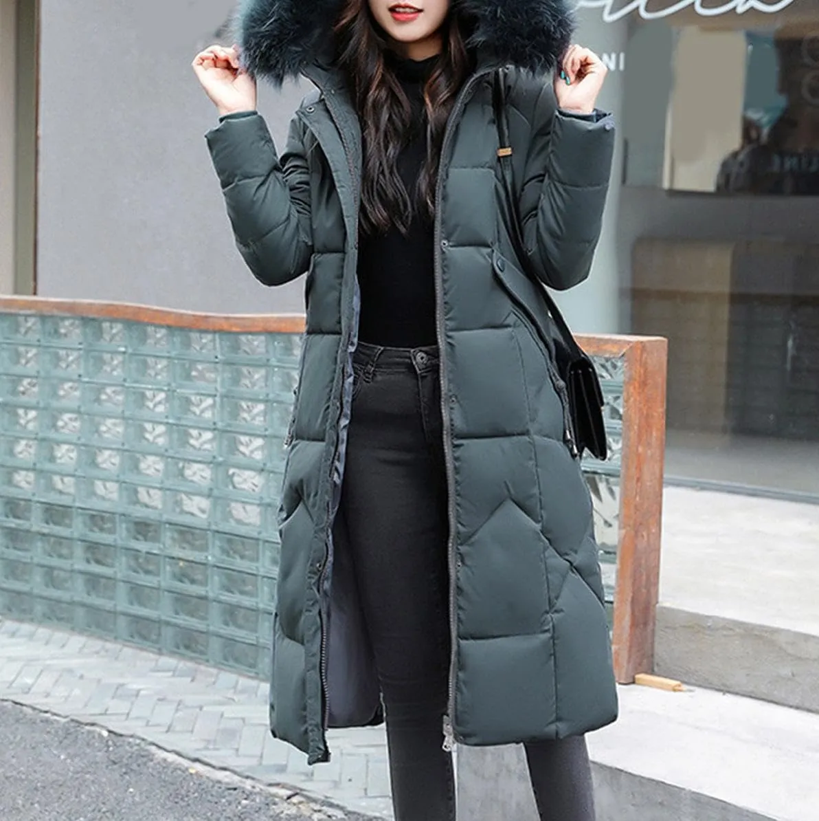 watersouprty Womens Quilted Down Jacket Winter Long Coat Faux Fur Hooded Puffer Jacket