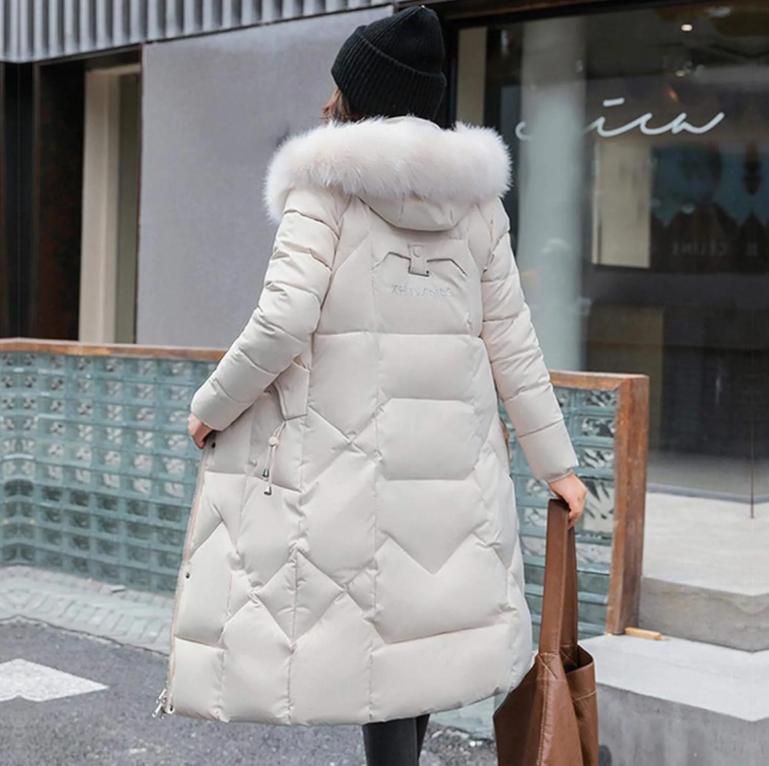 watersouprty Womens Quilted Down Jacket Winter Long Coat Faux Fur Hooded Puffer Jacket