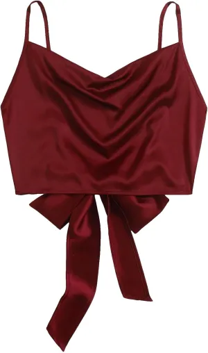 WDIRARA Women's Draped Cowl Neck Satin Cami Top Tie Backless Crop Camisole