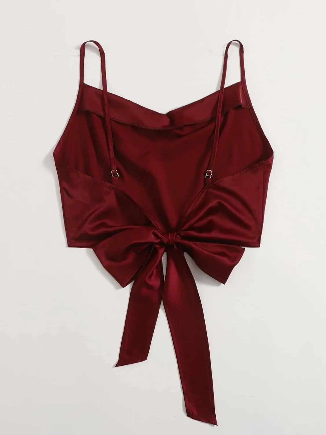 WDIRARA Women's Draped Cowl Neck Satin Cami Top Tie Backless Crop Camisole